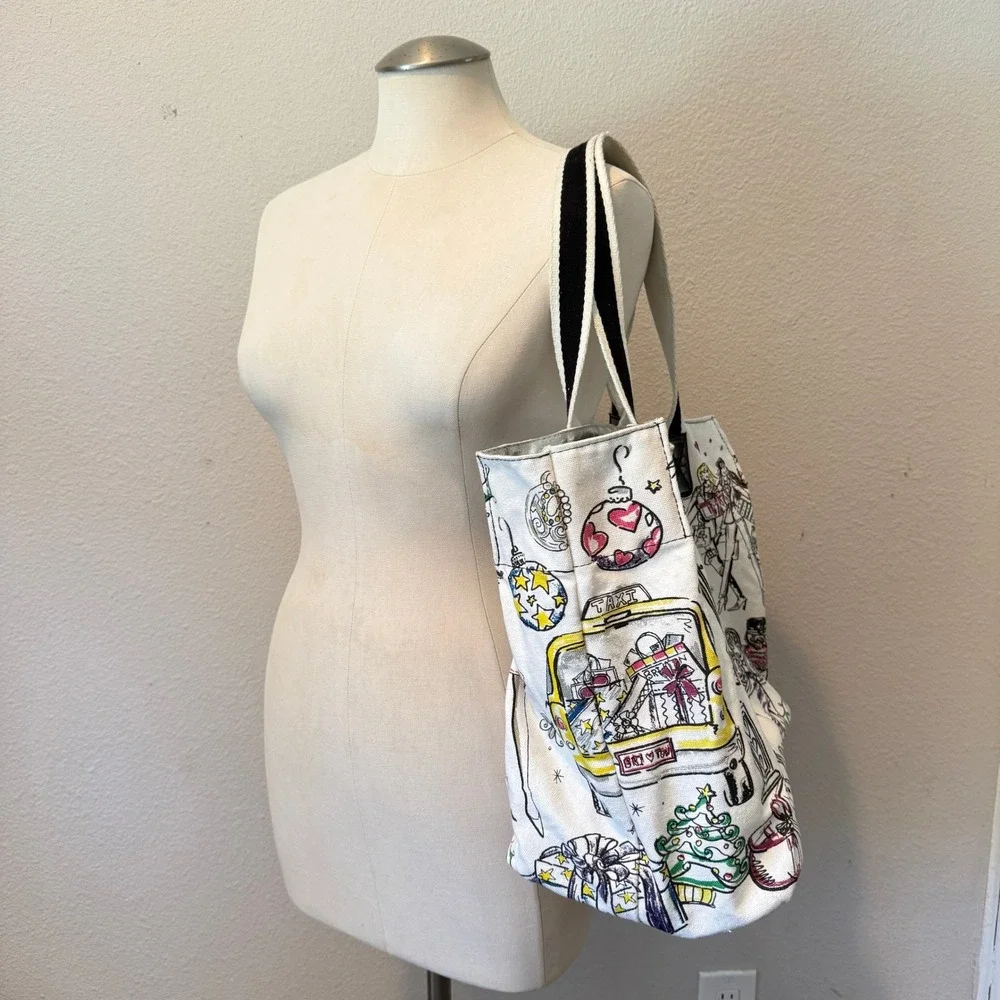 Brighton Happy Holidays Canvas Tote Bag White Multi Fashion Sketch Christmas